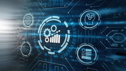 Digital technology interface displays data and innovative solutions abstractly