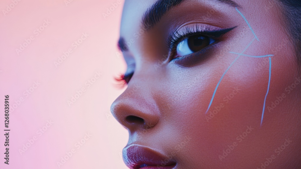 Poster creative makeup with vibrant colors showcasing unique eyeliner designs on a models face during a bea