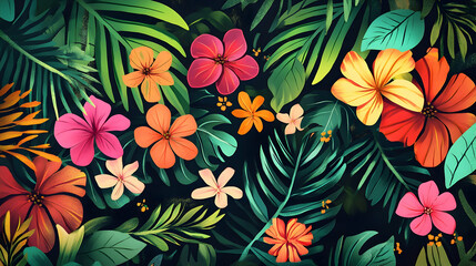 Aloha party tropical theme greeting card design featuring hand-lettered typography surrounded by lush Hawaiian flowers and leaves for a vibrant island celebration