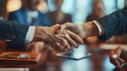 A handshake agreement between a businessman and businesswoman at a group board meeting, signifying a successful partnership