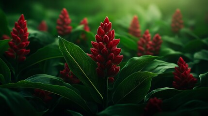 Fototapeta premium Vibrant red flowers bloom amongst lush green foliage, creating a striking contrast in nature's palette.