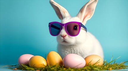 a vibrant and playful photograph featuring a white rabbit with upright ears, wearing purple-tinted sunglasses