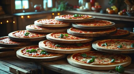 Stacked wooden pizza boards with freshly baked pizzas topped with basil in a cozy rustic kitchen setting.