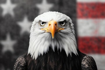 Fototapeta premium Majestic Bald Eagle With Striking Gaze Against a Faded American Flag Backdrop. Generative AI