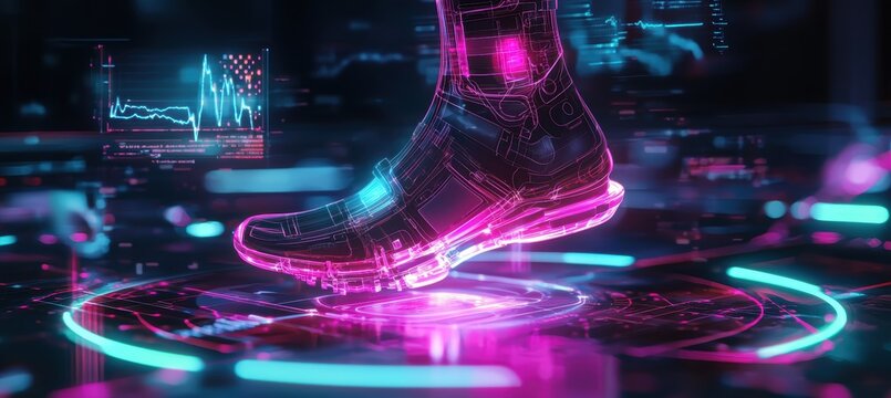 Futuristic Display of Ankle Endoprosthesis on Holographic Table with Neon Data Visualizations