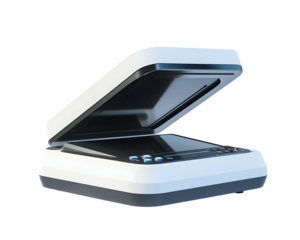 Compact scanner with an open lid, designed for digitizing documents and photos.