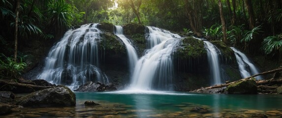 Serene Waterfall in Tropical Rainforest with Blurred Motion Effect and Clear Water Pool, Ideal for Nature and Travel Themes