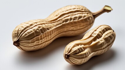Obraz premium Peanuts on a white background showcasing their unique texture and natural color in a detailed perspective for food and nutrition themes.