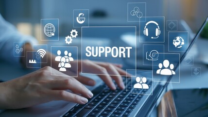 Customer support concept displayed with hands typing on laptop