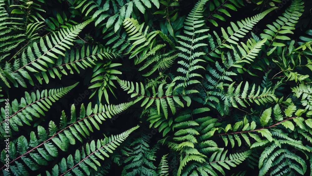 Poster lush fern leaves overlapping in dense patterns with ample space for text or design elements ideal fo