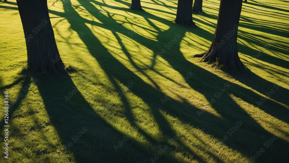 Poster tree shadows creating intricate patterns on lush green grass in a tranquil outdoor setting during la