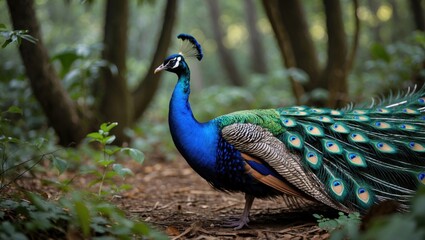 Obraz premium Majestic Peacock Displaying Vibrant Plumage Amidst Lush Forest Surroundings Nature Wildlife Photography