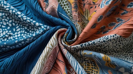 Colorful crinkled textiles showcasing intricate patterns and textures for fabric design and fashion inspiration.