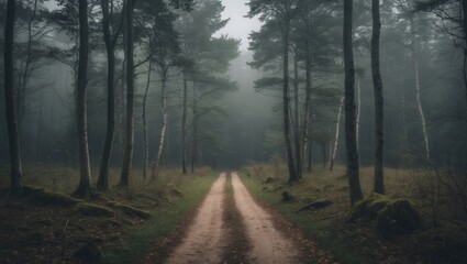 Obraz premium Misty Pathway Through Dense Beech Forest Creating Tranquil Atmosphere With Space For Text Overlay