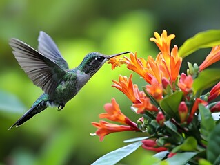 Fototapeta premium A hummingbird drinking from a bright flower