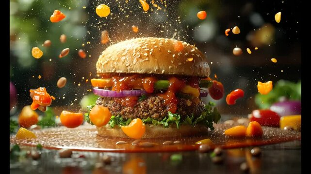 Delicious Gourmet Burger with Fresh Ingredients Exploding in Motion, Capturing a Dynamic and Flavorful Moment
