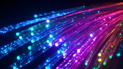 Vibrant neon fiber optic cables move rapidly, creating abstract patterns with multicolored lights against a dark backdrop, showcasing an electrifying visual effect