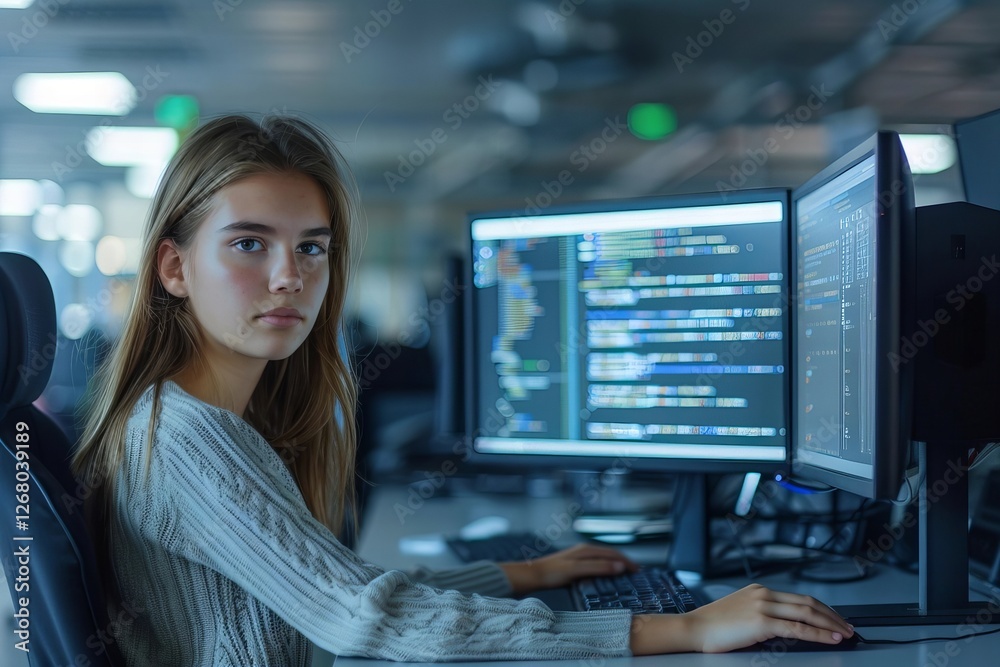 Wall mural young caucasian woman programming on desktop computer with two monitors setup in spacious office. fe