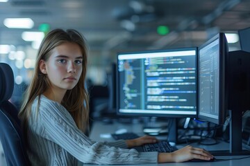 Young Caucasian woman programming on desktop computer with two monitors setup in spacious office. Female software developer creating SaaS platform for businesses