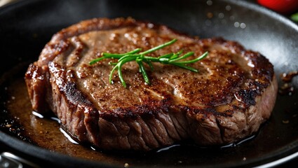 Juicy Pan-Fried Beef Steak on a Skillet with a Brown Crust and Fresh Herbs Ideal for Culinary Recipes and Food Photography Use