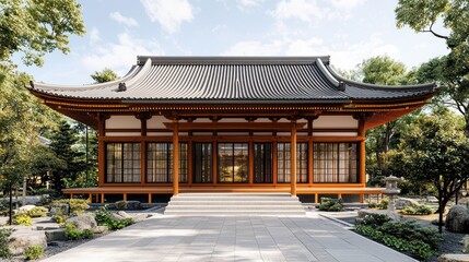 Naklejka premium Tranquil Japanese Temple Architecture Amidst Lush Greenery