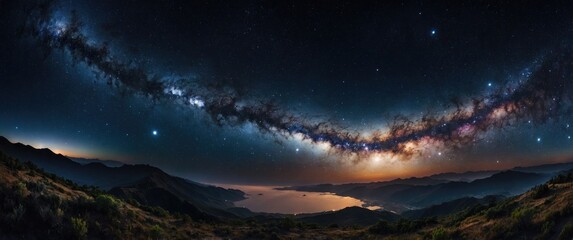 Fototapeta premium Stunning Panorama of the Milky Way Galaxy Over a Serene Mountain Lake at Night with Stars and Twilight Colors