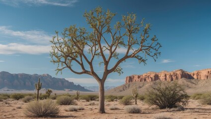Fototapeta premium Palo Verde Tree in Desert Landscape Against Clear Blue Sky With Open Space for Text and Scenic Mountain Background