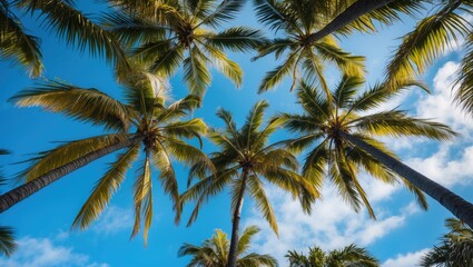 Obraz premium Palm tree canopy viewed from below against a bright blue sky creating a tropical atmosphere with vibrant foliage and serene clouds.