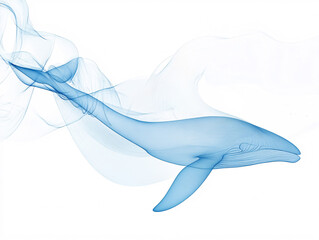Obraz premium A dreamlike blue whale made of flowing smoke-like textures swimming in a minimal white space creating a surreal and graceful oceanic vision 