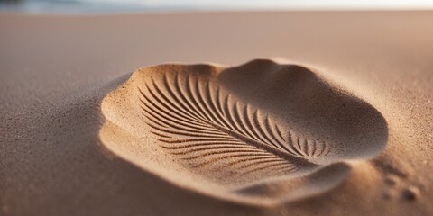 Obraz premium Palm Leaf Imprint in Smooth Sand with Clear Space for Text Overlay and a Natural Beach Background