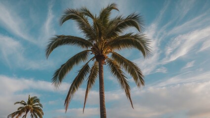 Obraz premium Lush Palm Trees Against a Blue Sky with Wispy Clouds in a Tropical Landscape