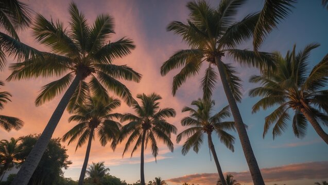 Majestic Palm Trees Silhouetted Against a Colorful Sky After Sunset in Tropical Paradise