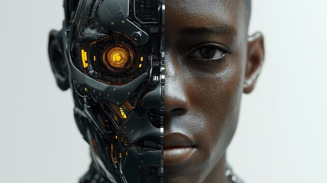 Black man, with half of his face human and the other half cybernetic