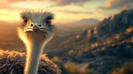Ostrich Looking at the Camera in a Scenic Sunset Landscape