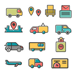 Hand-drawn transportation icons collection, featuring delivery trucks, cars, airplanes, location pins, cargo, and logistics symbols in a colorful and playful style.