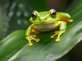 A live frog sitting on a large leaf in the rainforest