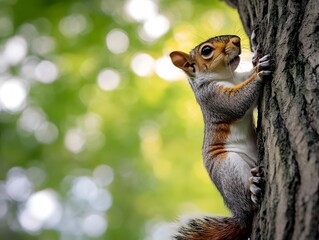 Fototapeta premium A lively squirrel playing in a tree in a park
