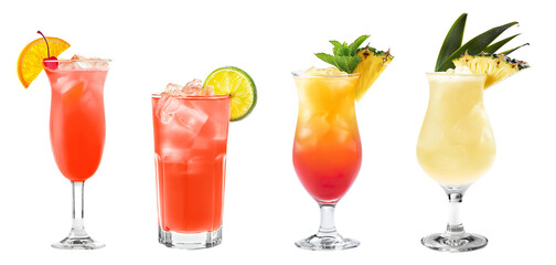 Sex on the Beach, Sea Breeze, Planters punch, Painkiller cocktail PNG set bundle, transparent isolated background. Mixology, bar menu cocktails, colorful vibrant refreshing drink with garnish