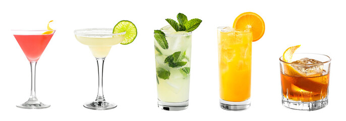 colorful exotic refreshing cold cocktails set bundle PNG transparent background isolated graphic resource. Cosmopolitan, Margarita, Mojito, Screwdriver, Old fashioned cocktail, citrus fruit garnish