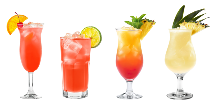 Sex on the Beach, Sea Breeze, Planters punch, Painkiller cocktail PNG set bundle, transparent isolated background. Mixology, bar menu cocktails, colorful vibrant refreshing drink with garnish
