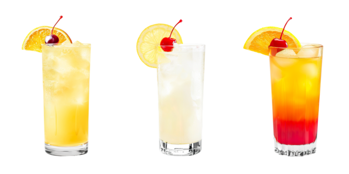 Harvey Wallbanger, Tom Collins, Tequila Sunrise cocktail PNG set bundle, transparent isolated background. Mixology, bar menu cocktails, colorful vibrant refreshing drink with garnish