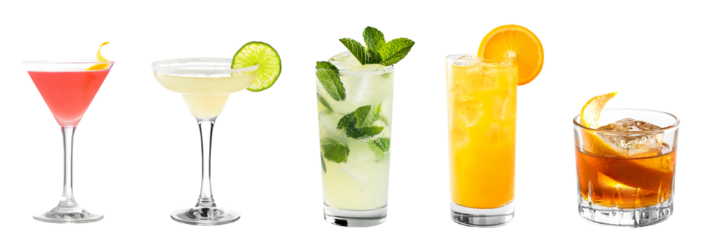 colorful exotic refreshing cold cocktails set bundle PNG transparent background isolated graphic resource. Cosmopolitan, Margarita, Mojito, Screwdriver, Old fashioned cocktail, citrus fruit garnish - Powered by Adobe