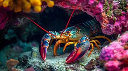 A lobster hiding in a colorful coral reef