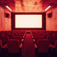 Obraz premium Empty cinema with red lighting casting a dramatic atmosphere before a screening. Generative AI