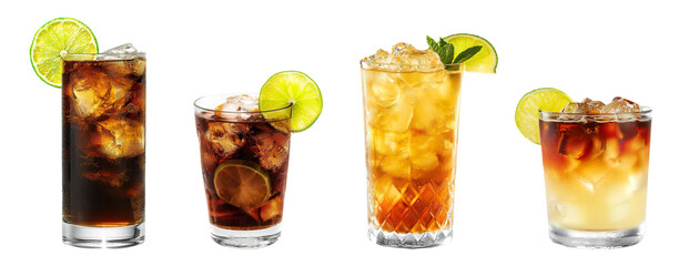 Cuba Libre, Dark and Stormy cocktail PNG set bundle, transparent isolated background. Mixology, bar menu cocktails, colorful vibrant refreshing drink with garnish