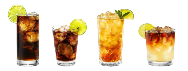 Cuba Libre, Dark and Stormy cocktail PNG set bundle, transparent isolated background. Mixology, bar menu cocktails, colorful vibrant refreshing drink with garnish