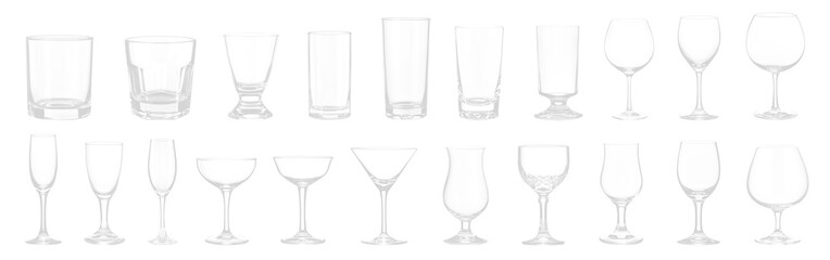 Empty cocktail glass PNG set bundle, transparent isolated background. Mixology, bar inventory glassware, various drink glasses collection. Highball, rocks, martini, champagne, old fashioned, tumbler