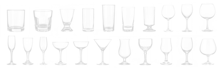 Empty cocktail glass PNG set bundle, transparent isolated background. Mixology, bar inventory glassware, various drink glasses collection. Highball, rocks, martini, champagne, old fashioned, tumbler