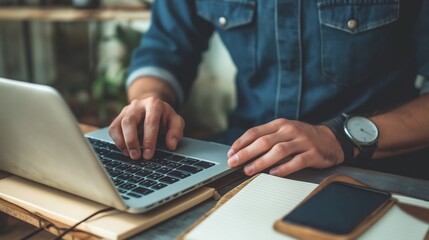 A man is typing on a laptop in front of a notebook and a cell phone. The laptop is open and the man's hand is on the keyboard. The scene suggests that the man is working or studying