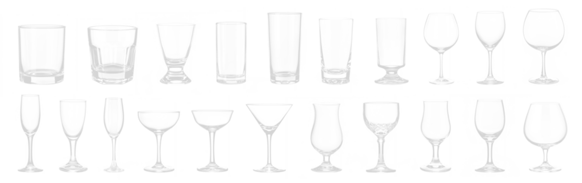 Empty cocktail glass PNG set bundle, transparent isolated background. Mixology, bar inventory glassware, various drink glasses collection. Highball, rocks, martini, champagne, old fashioned, tumbler